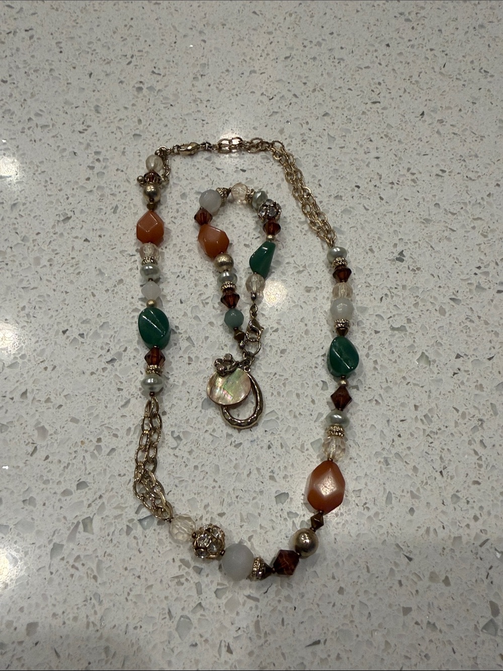 Gold-Tone Beaded Necklace and bracelet with Green and Amber Accents